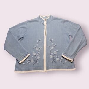 VTG Crystal Kobe Blue Floral 3D Embroidered Zip Cardigan Sweater Womens L